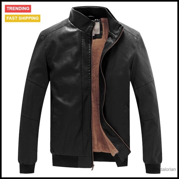 Faux Leather Bomber Jacket Stand Collar Fleece Lined Warm Winter Coat Men's